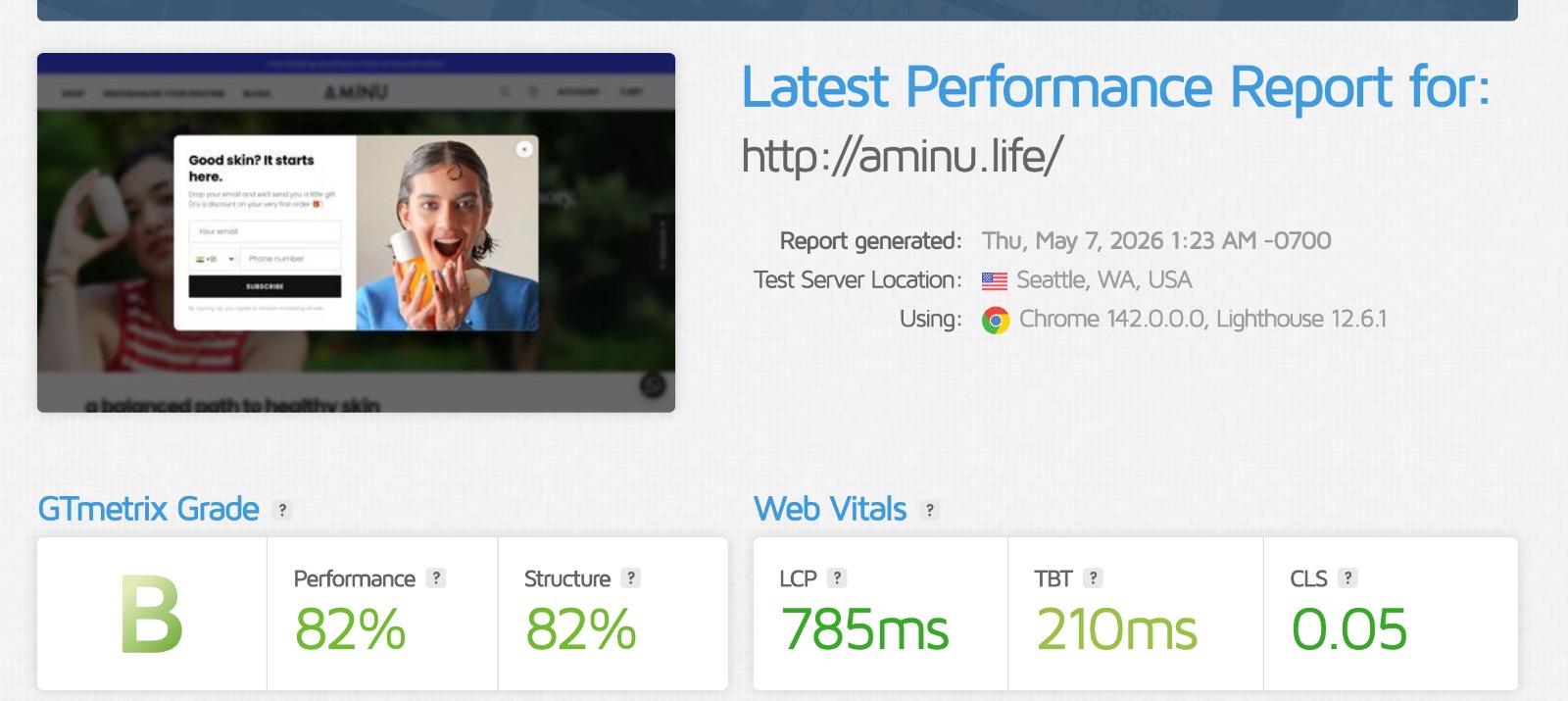 GTmetrix report after optimisation — Grade B, 80%