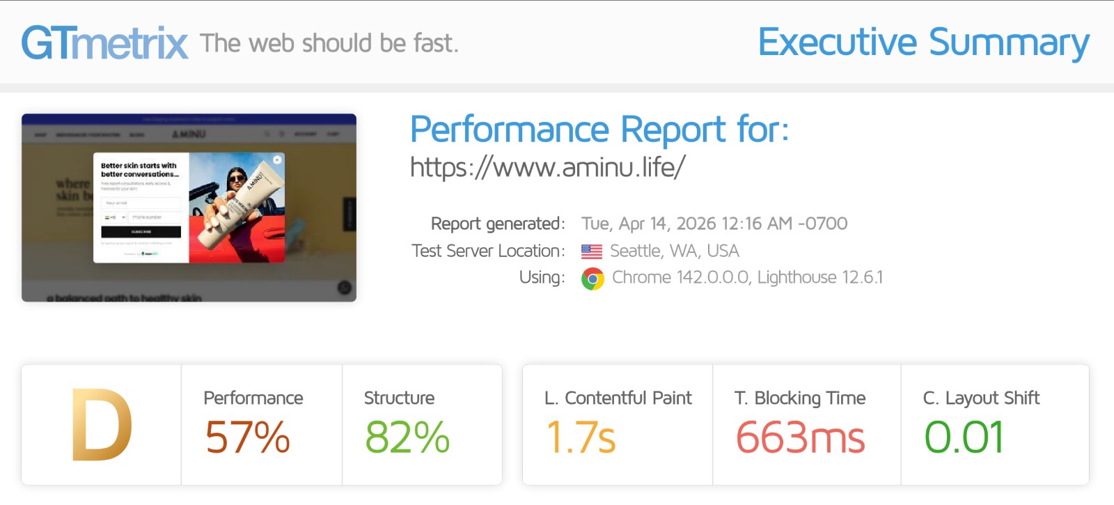GTmetrix report before optimisation — Grade D, 60%